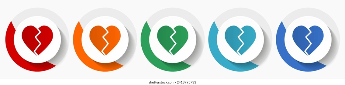Broken heart vector icon set, flat icons for logo design, webdesign and mobile applications, colorful round buttons