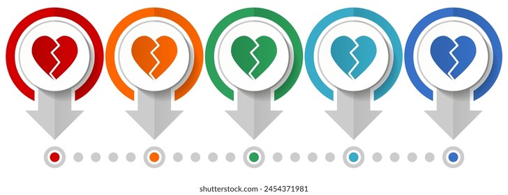 Broken heart vector icon set, flat design infographic template, set pointer concept icons in 5 color options for webdesign and mobile applications