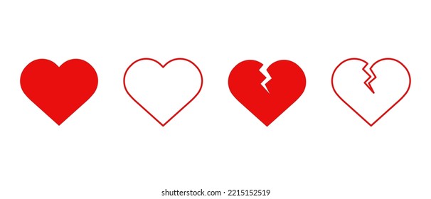 Broken heart vector icons set. Cracked on red heart. Line heartbreak logo.