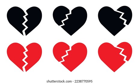 Broken heart vector icons set. Symbol divorce or heartbreak.