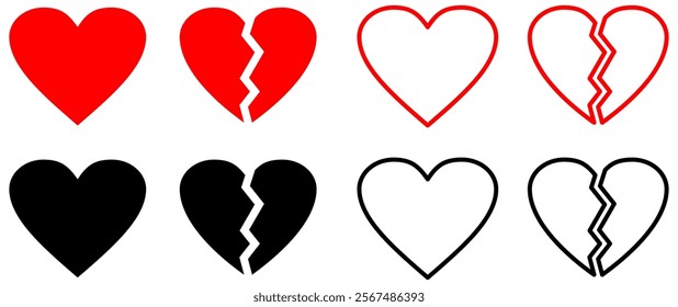 Broken heart vector icons set. Cracked heart symbol. Heart illustration