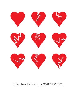 Broken heart vector icons set. Cracked heart symbol. Red Heart broken to two pieces vector illustration icon or logo