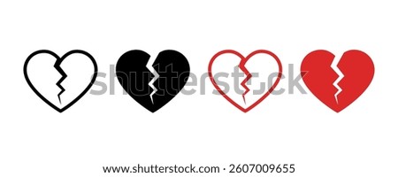 Broken heart vector icons set. Cracked heart flat vector icons. Heartbreak or divorce flat and line icon set.