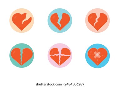 Broken Heart Vector Illustration Collection. A Set Of Different Type Hearts