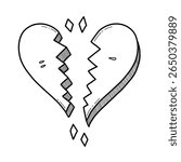 Broken heart vector illustration. Line drawing cartoon broken heart. Hand drawn shattered heart doodle art