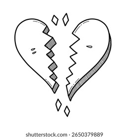 Broken heart vector illustration. Line drawing cartoon broken heart. Hand drawn shattered heart doodle art