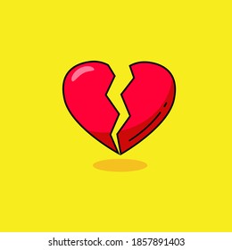 Broken heart vector illustration with red color isolated on yellow background. Linear color style of broken heart icon 