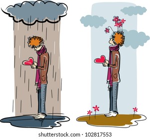 Broken heart. The vector illustration of young man in two situations, under rain with broken heart in hands and after rain with solid heart, symbolizing broken and happy love.