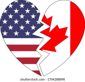 A broken heart vector with one half part of a US flag and the other half part of a Canadian flag.