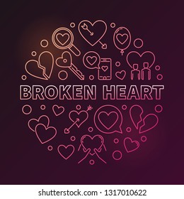 Broken Heart vector round colored linear illustration on dark background