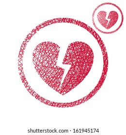 Broken Heart Vector Simple Single Color Icon Isolated On White Background With Sketch Lined Hand Drawn Texture.