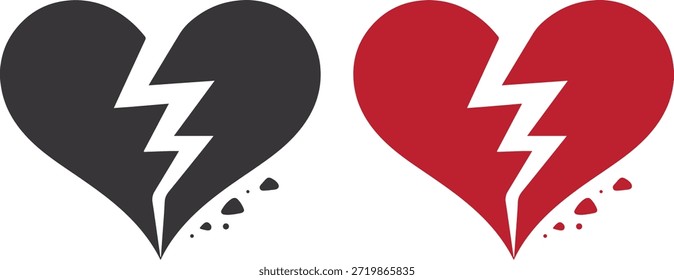 Símbolo de Vector de corazón roto con grieta de relámpago, disponible en versiones negras y rojas. Diseño de silueta plana limpia aislada sobre fondo blanco, que representa el desamor, la ruptura, el dolor emocional, el amor perdido y los temas de relación. Perfecto para conceptos, carteles, pegatinas, tatuajes y diseños imprimibles del Día de San Valentín.