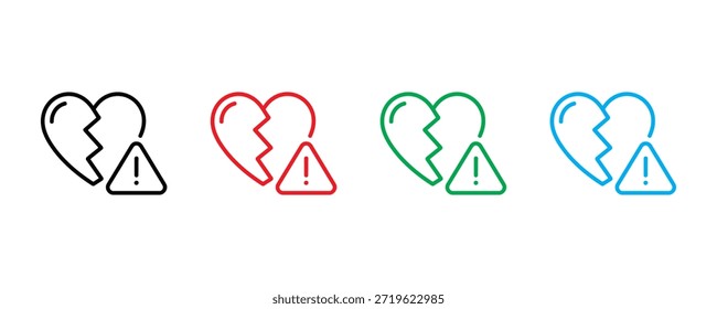 Icono de señal de advertencia de corazón roto establecido Vector sobre fondo blanco. relación, problema, señal de advertencia, desamor, símbolo de tristeza. Ilustración vectorial.