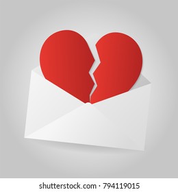 Broken heart in white envelope on gray background. End of relationship.