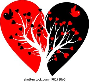 broken heart with white tree and two birds - vector illustration