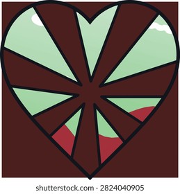 Broken heart window with green land and red liquid, representing emotional pain, sadness, and fragmented feelings.