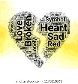 Broken heart word cloud vector design creative concept. Broken heart icon shape. Trendy vector word collection.