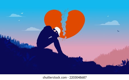 Broken hearted man - Young male sitting alone feeling sad and depressed with broken heart outdoors in nature landscape. Vector illustration