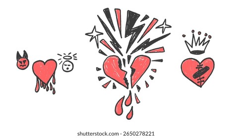 Broken hearts crayon colors drawn set. Breakup marker doodles isolated on white background. Love naive hand drawn painting elements. Vector heartbreak by pencil illustration.