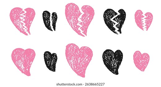 Broken hearts crayon drawn set. Breakup marker doodles isolated on white background. Love naive hand drawn painting elements. Vector pink and black colors pencil illustration.