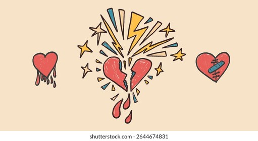 Broken hearts crayon drawn set. Breakup marker doodles isolated on white background. Love naive hand drawn painting elements. Vector heartbreak by pencil illustration.