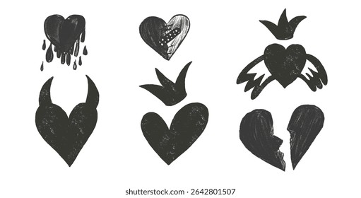 Broken hearts with crowns and devil horns crayon textured set. Breakup marker doodles isolated on white background. Love naive sketch hand drawn painting elements. Vector heartbreak illustration.