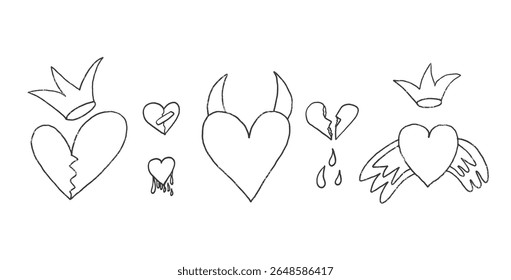 Broken hearts with crowns and devil horns crayon drawn set. Breakup marker doodles isolated on white background. Love naive sketch hand drawn painting elements. Vector heartbreak illustration.