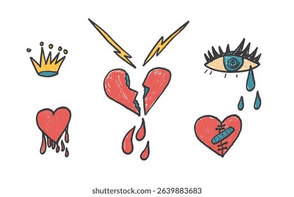 Broken hearts girly crayon drawn set. Breakup marker doodles isolated on white background. Love naive hand drawn painting elements. Vector heartbreak by pencil illustration.