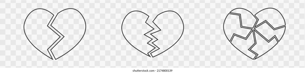 Broken Hearts Icons Isolated On Transparent Background. Symbols Of Heartbreak, Divorce, Parting, Heart Disease, Infarct. Vector Outline Illustration