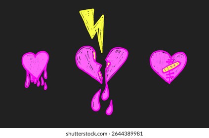 Broken hearts neon handdrawn set. Marker doodles isolated on dark background. Love naive elements. Vector heartbreak by pencil illustration.