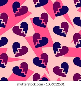 Broken Hearts Pattern. Thunder Bolts On Pink Background. Divorce Break Split.