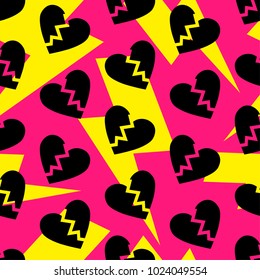 Broken hearts pattern. Thunder bolts on pink background. Divorce break split.