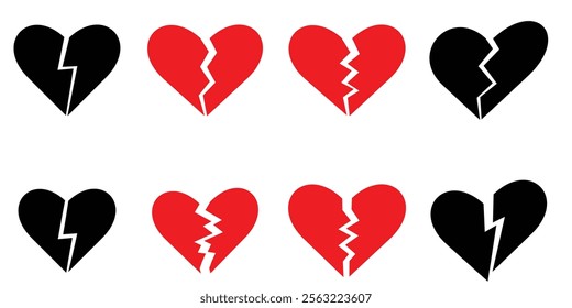 Broken Hearts in Red and Black bundle. Simple graphic of set broken hearts, red and  black, set against a plain white background.