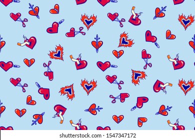 broken hearts seamless pattern, blue red color