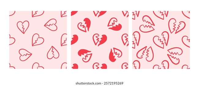 Broken hearts seamless pattern on pink background in doodle style