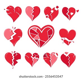 Broken hearts set. Collection of red distressed cracked hearts for St. Valentine's Day design, printing, stickers, . Broken relationship concept