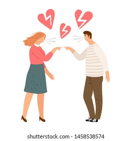 Broken hearts. Vector divorce concept. Angry woman and man scream