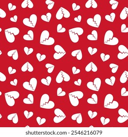 Broken Hearts vector seamless pattern with cracked heart signs on red background