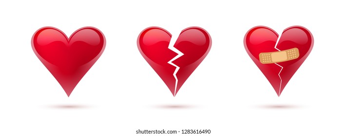 Broken hearts vector set of 3d realistic icons and symbols. Isolated in white background. Vector illustration