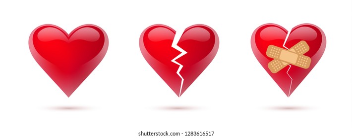 Broken hearts vector set of 3d realistic icons and symbols. Isolated in white background. Vector illustration