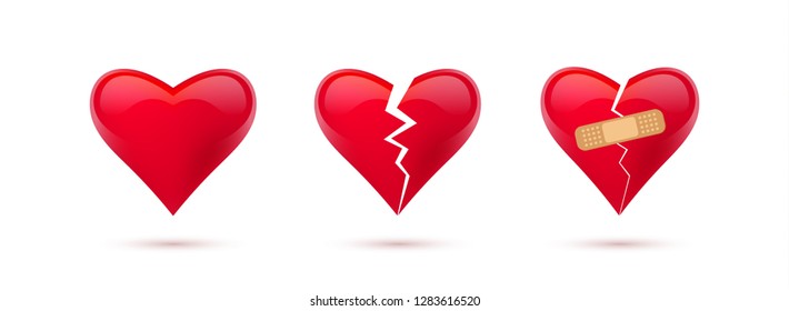 Broken hearts vector set of 3d realistic icons and symbols. Isolated in white background. Vector illustration