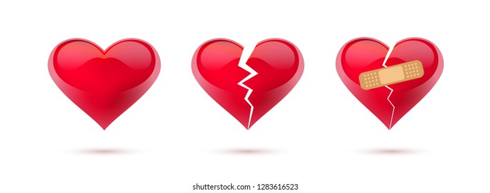 Broken hearts vector set of 3d realistic icons and symbols. Isolated in white background. Vector illustration