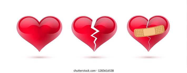 Broken hearts vector set of 3d realistic icons and symbols. Isolated in white background. Vector illustration
