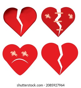 Broken hearts vector set of 3d realistic icons and symbols in red color with wound, patches, stitches and bandages isolated in white background. Vector illustration.
