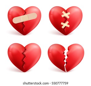 Broken hearts vector set of 3d realistic icons and symbols in red color with wound, patches, stitches and bandages isolated in white background. Vector illustration.
