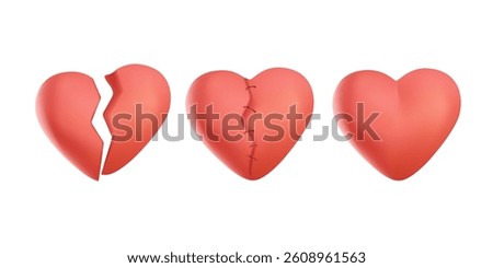 Broken hearts vector set of 3d realistic icons and symbols. Broken heart and healed with wound patches and stitches isolated in white background. 3D Vector illustration for website or banner