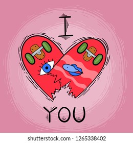 Broken heart-shaped skateboard. Valentine's Day.