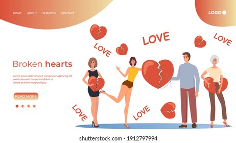 Broken hearts.People hold broken hearts in their hands and try to sew them together.The concept of love and separation.Flat vector illustration.The landing page template.