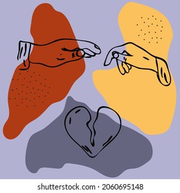 Broken heart.Vector illustration with abstract background of  hands holding the heart with wound. Depression, harrassment, abuse or bullying concept. Psyhology template
