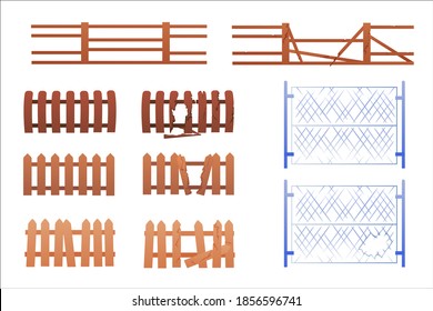 Broken hedge, fence on a white background. Destroyed fencing, fractured wooden boards. Large hole in the fence. 